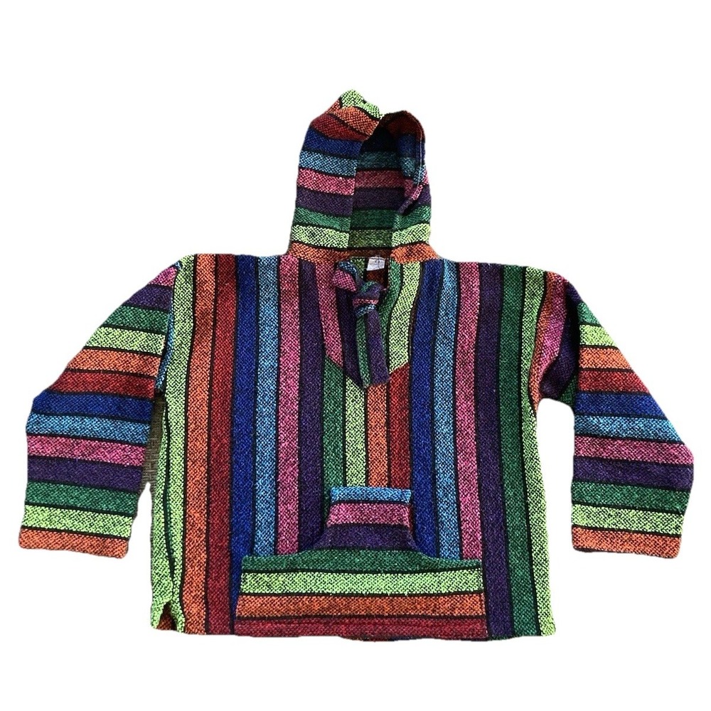 Artesanias Rainbow Hoodie Poncho Men's Medium Striped Baja Surfer Skater
